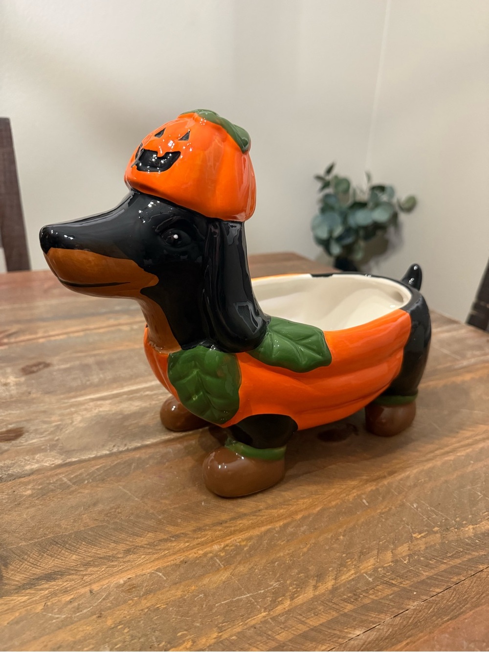 Halloween Dachshund Candy Dish - Orange and Black Ceramic